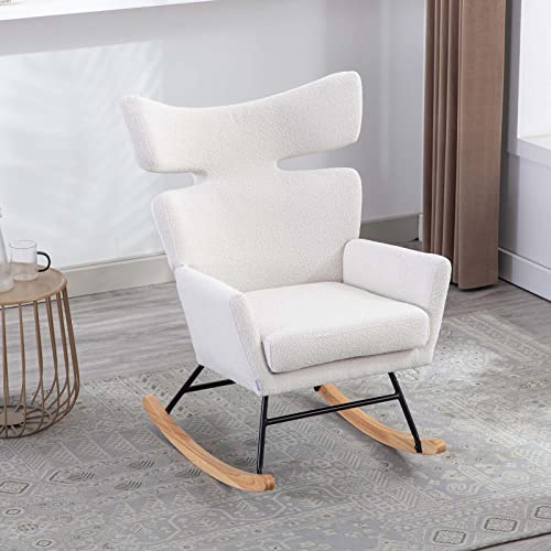 UPYOOE Rocking Chair Nursery Modern Accent Rocker Armchair Teddy Upholstered with High Backrest Armrests Glider Chair for Baby Room Nursery Living Room Bedroom (Beige)