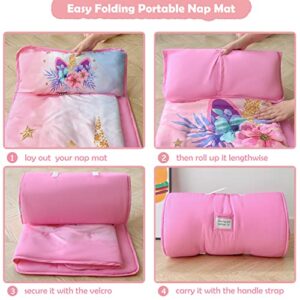 KINBEDY Pink Unicorn Toddler Nap Mat for Daycare Preschool Girls Floral Kids Sleeping Mat Pad Toddler Bedding Set Portable Baby Sleeping Bag with Pillow and Blanket for Travel Camping Outdoor