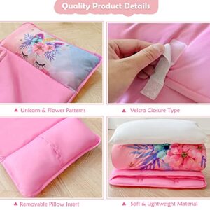 KINBEDY Pink Unicorn Toddler Nap Mat for Daycare Preschool Girls Floral Kids Sleeping Mat Pad Toddler Bedding Set Portable Baby Sleeping Bag with Pillow and Blanket for Travel Camping Outdoor