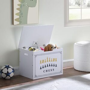 wooden toy box and storage chest with chess and safety hinge for kids and babies – girls and boys - white