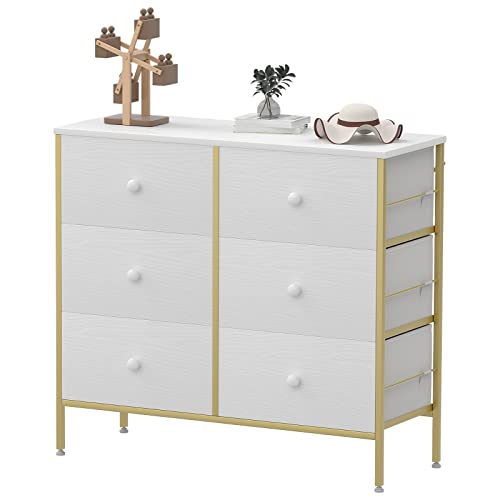 Visiblesser White Dresser for Bedroom, Fabric Dresser for Closet, 6 Drawer Dresser with Metal Frame, Chest of Drawers for Living Room, Hallway, Nursery