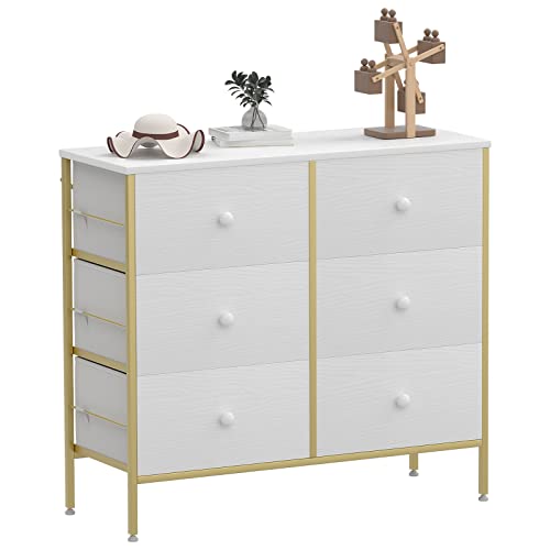 Visionwards White Dresser for Bedroom, Baby Dresser for Kids Bedroom, 6 Drawer Storage Chest,Fabric Storage Tower for Nursery Hallway Office, Wooden Top, White