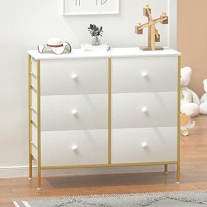 Visionwards White Dresser for Bedroom, Baby Dresser for Kids Bedroom, 6 Drawer Storage Chest,Fabric Storage Tower for Nursery Hallway Office, Wooden Top, White