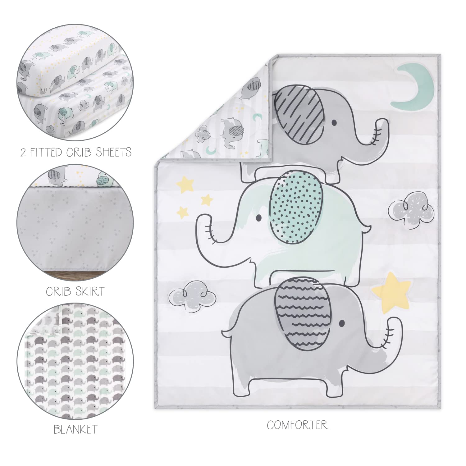 The Peanutshell Elephant Crib Bedding Set for Boys or Girls, 5 Pieces