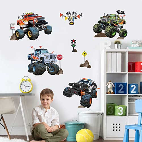 wondever Racing Car Wall Stickers Truck Vehicles Peel and Stick Wall Art Decals for Boys Room Kids Bedroom Playroom