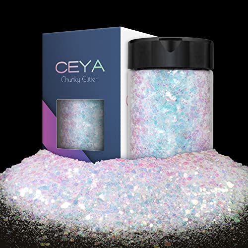 Ceya Holographic Chunky Glitter, 4.9oz/ 140g Iridescent White Craft Glitter Powder Mixed Fine Metallic Nail Sequins Flakes for Epoxy Resin, DIY Crafts Tumblers Painting, Scrapbooking, Christmas Decor