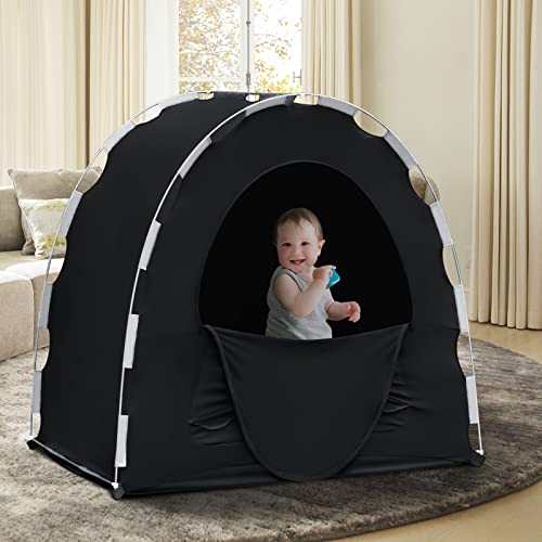 besuhot Blackout Cover for Pack N Play, Baby Sleep Pod Slumber, Portable Sunshade Travel Crib Canopy Blocks 95% of Light（Black）