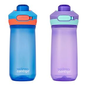 contigo jessie kids water bottle with leak-proof lid, 14oz dishwasher-safe kids water bottle, fits most cup holders, 2-pack blue poppy/coral & amethyst/jade