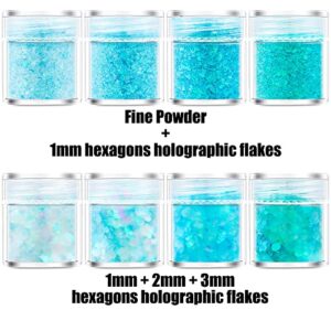 𝐆𝐀𝐁𝐎𝐗 8 Jars Ice Blue Cosmetic Chunky Glitter Set, Holographic Nail Glitter Resin Glitter Fine Powder +1mm+2mm+3mm Sequins Flakes, Iridescent Art Glitter Set for Body Face Eyes Hair Crafts