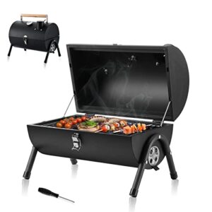 portable charcoal grill, hasteel small folding outdoor grill, mini black barbecue grill with thermometer, compact tabletop bbq grill for camping picnic backyard patio, 116 square inches & screwdriver