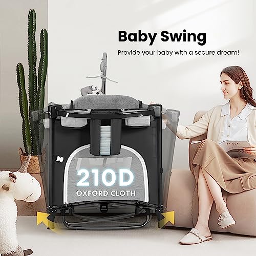 VIVOHOME 5 in 1 Baby Bassinet Bedside Sleeper Pack and Play with Mosquito Net, Diaper Changer, Safety Strap, Stand Up Ring, Mattress, Music Box Portable Travel Crib for Newborn to Toddlers, Black