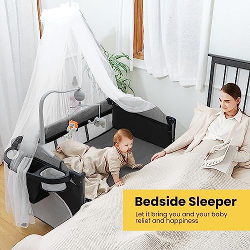 VIVOHOME 5 in 1 Baby Bassinet Bedside Sleeper Pack and Play with Mosquito Net, Diaper Changer, Safety Strap, Stand Up Ring, Mattress, Music Box Portable Travel Crib for Newborn to Toddlers, Black