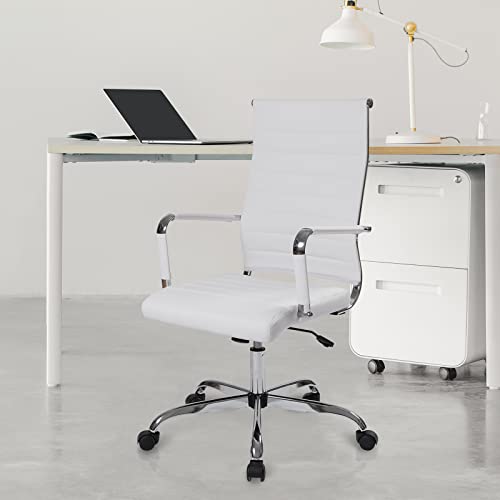 Office Task Chair, Beatmart INC Ergonomic Desk Chair Leather Conference Room Chairs Height Adustable | Ribbed High Back | Swivel Rolling Executive Chair White