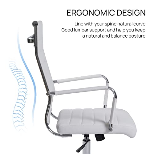 Office Task Chair, Beatmart INC Ergonomic Desk Chair Leather Conference Room Chairs Height Adustable | Ribbed High Back | Swivel Rolling Executive Chair White