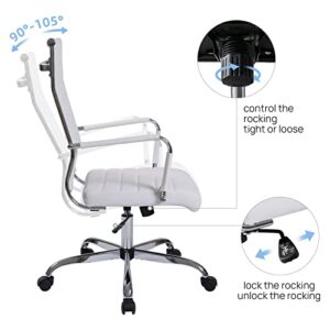 Office Task Chair, Beatmart INC Ergonomic Desk Chair Leather Conference Room Chairs Height Adustable | Ribbed High Back | Swivel Rolling Executive Chair White