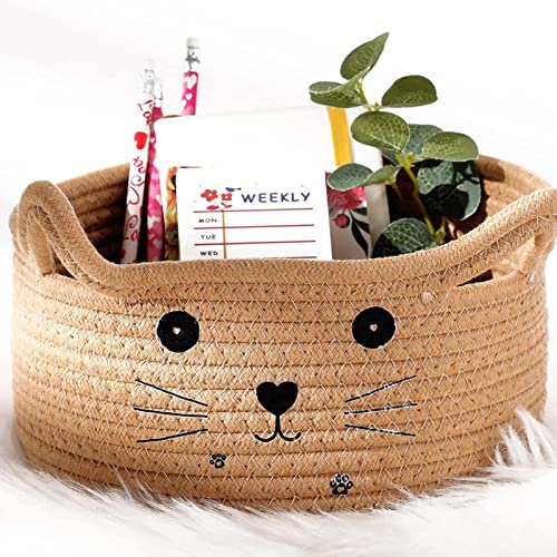 Baby Easter Basket, Cat Ear Cotton Woven Desktop Storage Basket, Cotton Rope Basket, Egg Hunt Bunny Baskets for Kids with Cute Rabbit Ears, Decorative Pet Cotton Rope Storage Basket