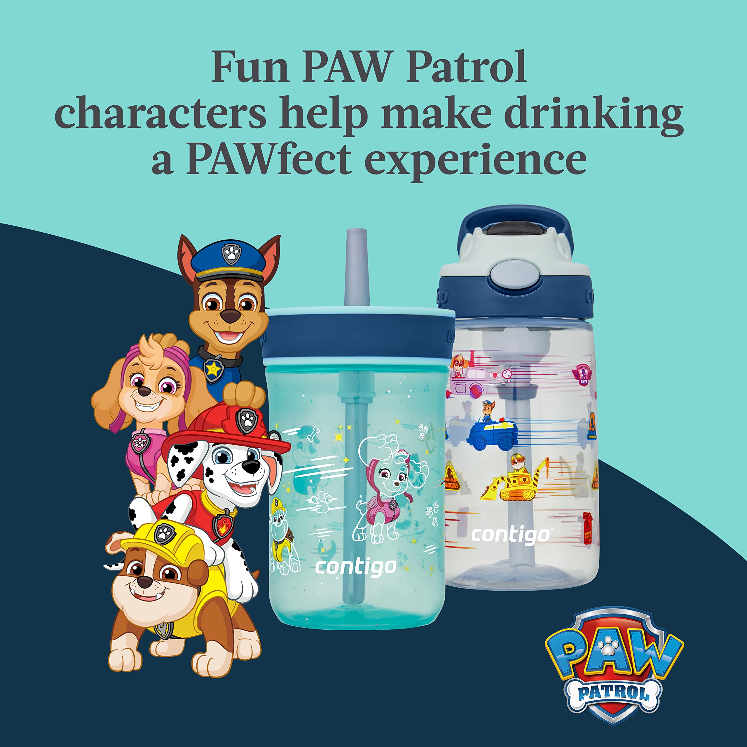Contigo Paw Patrol Kids Plastic Water Bottle, Spill-Proof Tumbler with Straw for Kids, Dishwasher Safe, 14oz 2-Pack