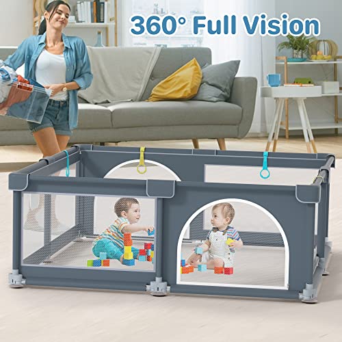 Foldable Playpen, Extra Large Baby Playpen (71×71 inch), Playpen for Babies and Toddlers with Zipper Gates, Adjustable Shape & Portable Baby Fence, Anti-Fall Baby Play Yards (Grey)