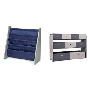 Humble Crew Book Organizer Kids Bookshelf, Grey/Navy & Kids Toy Organizer with 9 Storage Fabric Bins, Grey