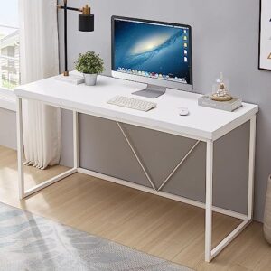 excefur home office desk, metal and wood computer desk, modern rustic work study writing table for living room bedroom, white oak, 55 inch