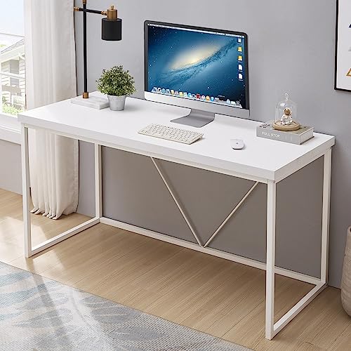 EXCEFUR Home Office Desk, Metal and Wood Computer Desk, Modern Rustic Work Study Writing Table for Living Room Bedroom, White Oak, 55 inch