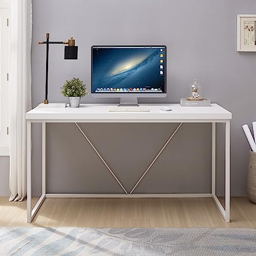 EXCEFUR Home Office Desk, Metal and Wood Computer Desk, Modern Rustic Work Study Writing Table for Living Room Bedroom, White Oak, 55 inch