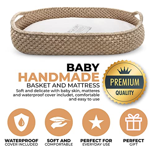 Handmade Baby Changing Basket with a Soft Changing Pad and Waterproof Cover, Cotton Moses Basket, Changing Table Topper for Dresser | Boho Bassinet, Boho Baby Changing Basket,Baby Lounger