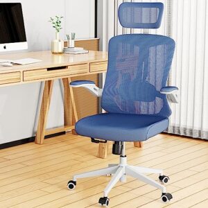 balmstar ergonomic office chair, home office desk chair with adjustable headrest & lumbar support, swivel high back computer chair, breathable mesh desk chair, pu silent wheels, flip-up arms (blue)