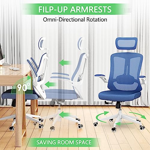 balmstar Ergonomic Office Chair, Home Office Desk Chair with Adjustable Headrest & Lumbar Support, Swivel High Back Computer Chair, Breathable Mesh Desk Chair, PU Silent Wheels, Flip-Up Arms (Blue)