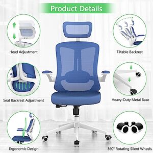 balmstar Ergonomic Office Chair, Home Office Desk Chair with Adjustable Headrest & Lumbar Support, Swivel High Back Computer Chair, Breathable Mesh Desk Chair, PU Silent Wheels, Flip-Up Arms (Blue)