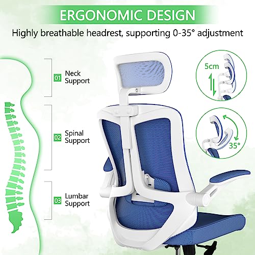 balmstar Ergonomic Office Chair, Home Office Desk Chair with Adjustable Headrest & Lumbar Support, Swivel High Back Computer Chair, Breathable Mesh Desk Chair, PU Silent Wheels, Flip-Up Arms (Blue)