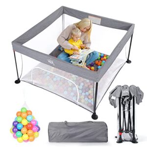 mem baby playpen, foldable playpen for babies and toddlers, indoor outdoor playpen baby activity center with zipper gate, pop up portable playpen play yard for baby, 49"x49", grey