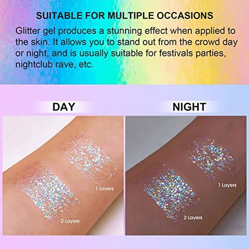 Holographic Body Glitter Gel, Ultra Fine Glitter Gel for Face, Hair, Body, Nail, Eyeshadow, Long Lasting Waterproof Laser Glitter Gel Festival Party Rave Accessories for Women, 1.35 oz (#4 Blue)