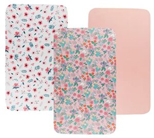 tontukatu bassinet sheet set 3 pack (32" x 19") compatible with mika micky, baby delight, dream on me bassinet mattress, jersey knit ultra soft flexible for baby girls,floral,grey rabbit & pink
