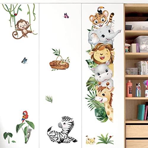 decalmile Jungle Animals Wall Decals Safari Elephant Lion Monkey Wall Stickers Kids Room Baby Nursery Bedroom Door Wall Decor