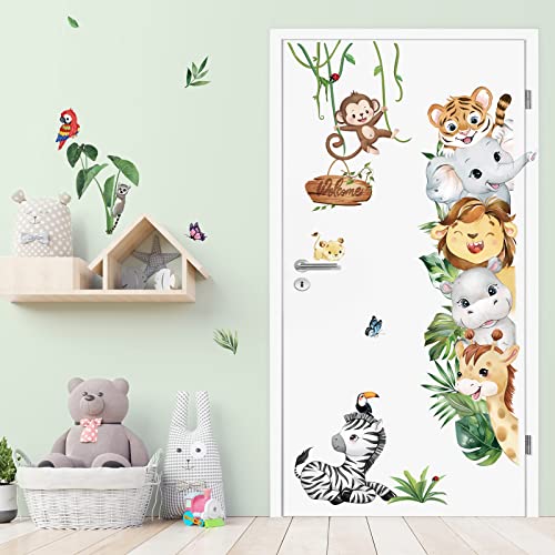 decalmile Jungle Animals Wall Decals Safari Elephant Lion Monkey Wall Stickers Kids Room Baby Nursery Bedroom Door Wall Decor