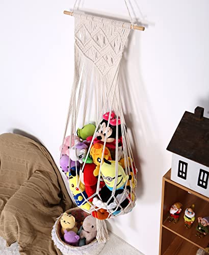 Stuffed Animal Net or Hammock Macrame Toy Display Wall Hanging Net for Plush Toy Storage Boho Nursery Bedroom Decor Stuffy Animal Toy Organizer