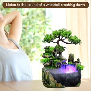 11inch Artificial Desktop Waterfall Bonsai Mini Rock Fountain, with LED Lights & Atomizer,for Indoor Relaxation Desktop Décoration Green