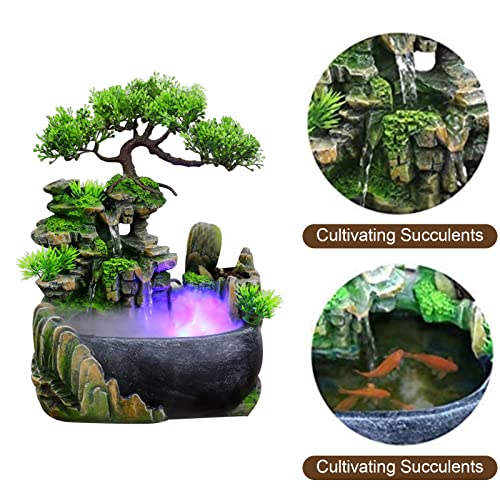 11inch Artificial Desktop Waterfall Bonsai Mini Rock Fountain, with LED Lights & Atomizer,for Indoor Relaxation Desktop Décoration Green