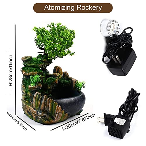 11inch Artificial Desktop Waterfall Bonsai Mini Rock Fountain, with LED Lights & Atomizer,for Indoor Relaxation Desktop Décoration Green