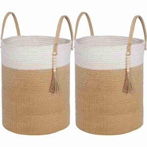 pack of 2 tall woven laundry basket collapsible for storage clothes basket laundry hamper basket for bedroom living room nursery blanket pillow toy dirty clothes hamper (2 pack ochre)