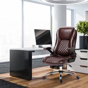 YAMASORO Comfortable Ergonomic Desk Chair Executive Office Chairs with Flip-up Armrests - Adjustable Headrest, Tilt and Lumbar Support - Black Bonded Leather,Brown