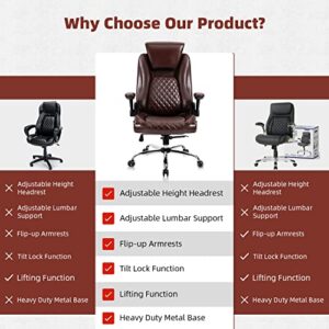 YAMASORO Comfortable Ergonomic Desk Chair Executive Office Chairs with Flip-up Armrests - Adjustable Headrest, Tilt and Lumbar Support - Black Bonded Leather,Brown