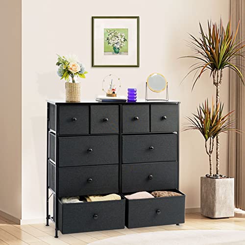 SENSWEET 10 Dresser for Bedroom, Big Fabric Dressers & Chests of Drawers for Living Room, Hallway/Nursery/Clothes Dresser with Steel Frame & Wood Top （Dark Grey