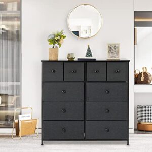 SENSWEET 10 Dresser for Bedroom, Big Fabric Dressers & Chests of Drawers for Living Room, Hallway/Nursery/Clothes Dresser with Steel Frame & Wood Top （Dark Grey