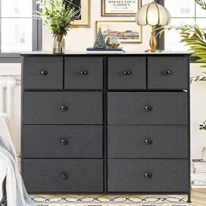 SENSWEET 10 Dresser for Bedroom, Big Fabric Dressers & Chests of Drawers for Living Room, Hallway/Nursery/Clothes Dresser with Steel Frame & Wood Top （Dark Grey