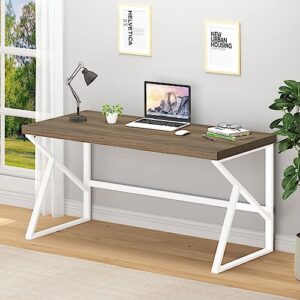 hsh farmhouse desk, modern home office desk, student desk for bedroom computer table, rustic wood and metal pc laptop computer desk, simple writing study gaming desk executive workstation, 55 inch