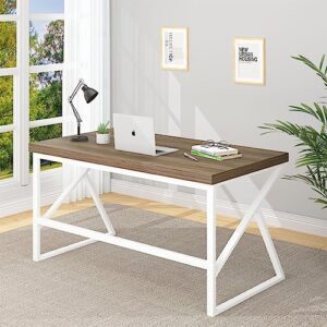 HSH Farmhouse Desk, Modern Home Office Desk, Student Desk for Bedroom Computer Table, Rustic Wood and Metal PC Laptop Computer Desk, Simple Writing Study Gaming Desk Executive Workstation, 55 Inch