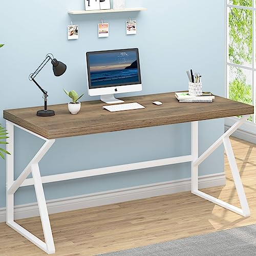 HSH Farmhouse Desk, Modern Home Office Desk, Student Desk for Bedroom Computer Table, Rustic Wood and Metal PC Laptop Computer Desk, Simple Writing Study Gaming Desk Executive Workstation, 55 Inch