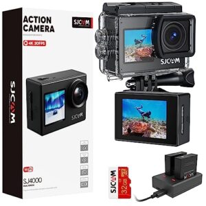 sjcam upgraded sj4000 action camera 4k ultra hd dual screen underwater camera 98ft waterproof, 170° wide angle, stabilization, 5x zoom, wifi camera with extra battery, sd card, helmet accessories kit